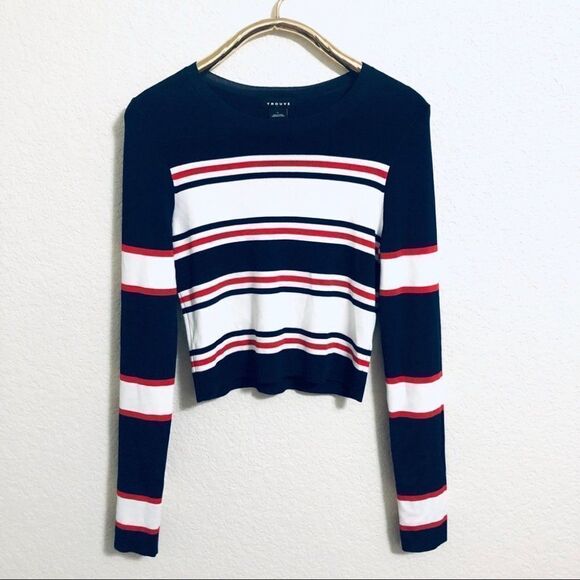 Trouve navy striped long sleeve knit crop top - Picture 4 of 9
